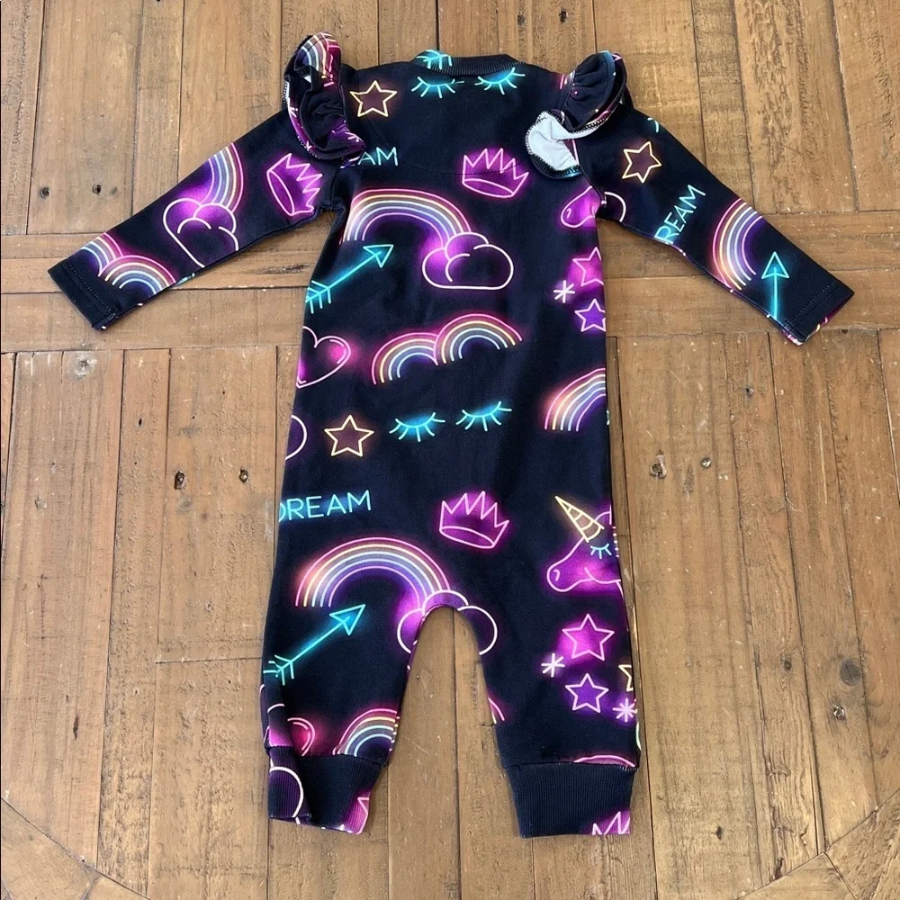 Romey loves Lulu black neon unicorn rainbow heart zip front romper 6-12 months